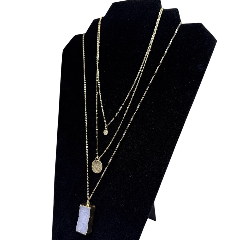 Layered Gold Tone Necklace Purple Crystal Druzy Pendant Satellite Chain Jewelry - Picture 2 of 6